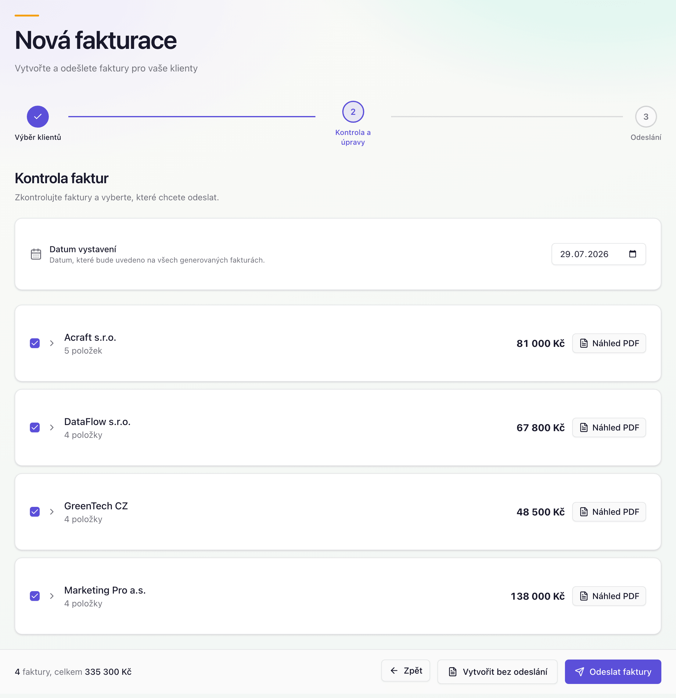 Volnio batch wizard — kontrola faktur před hromadným odesláním