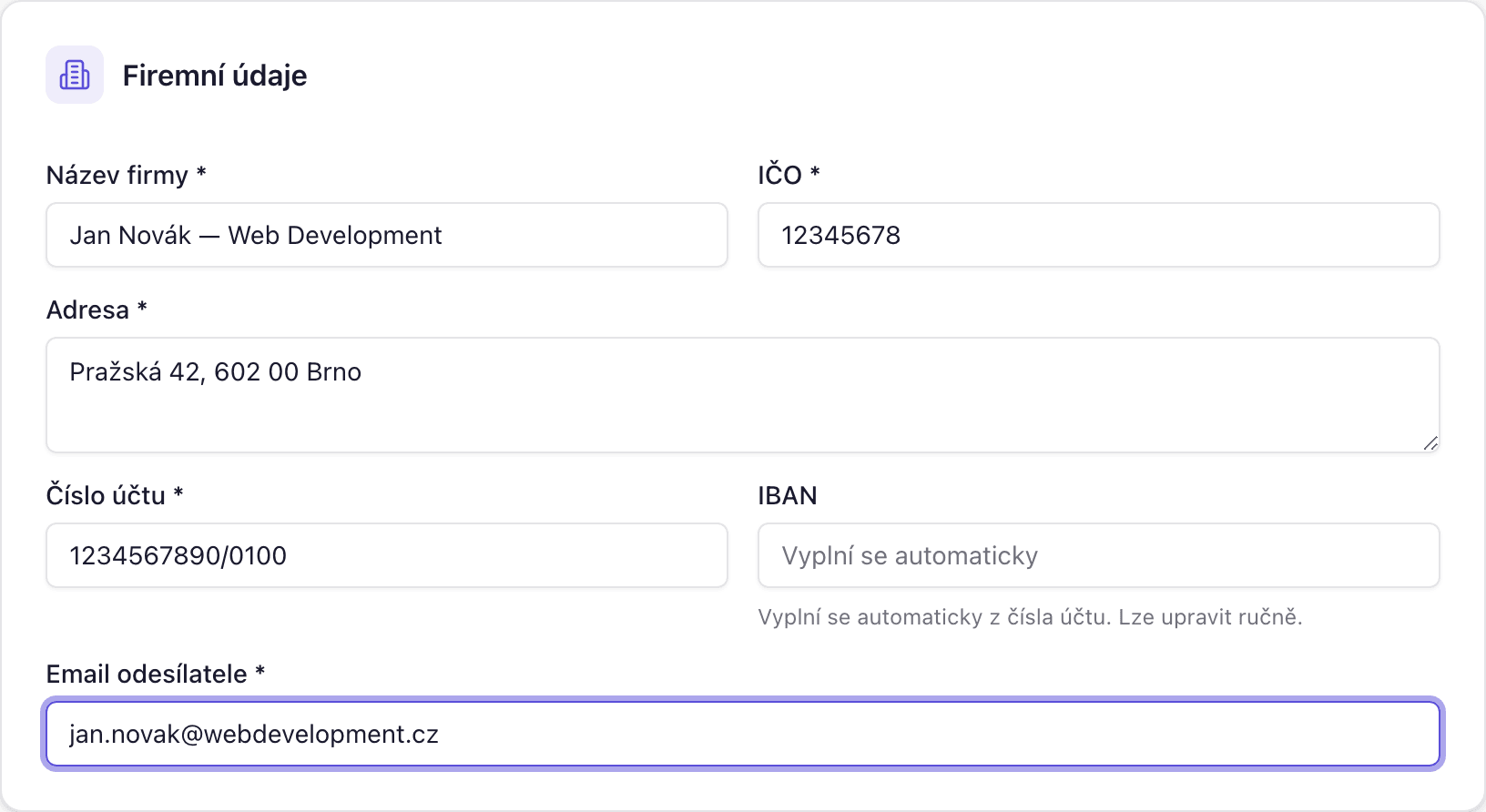 Volnio nastavení — firemní údaje, číslování faktur a email konfigurace