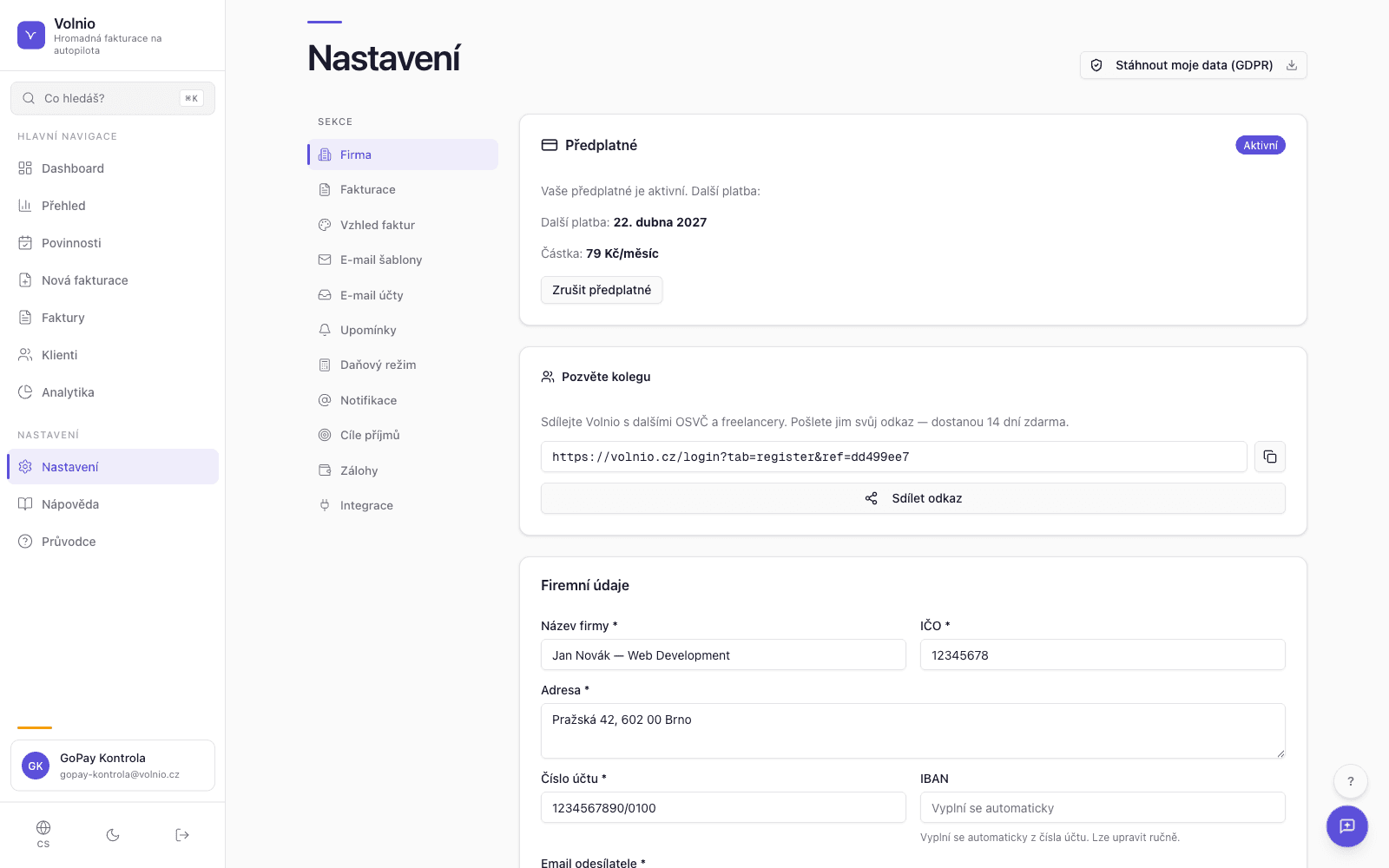 Volnio nastavení — firemní údaje, číslování faktur a email konfigurace