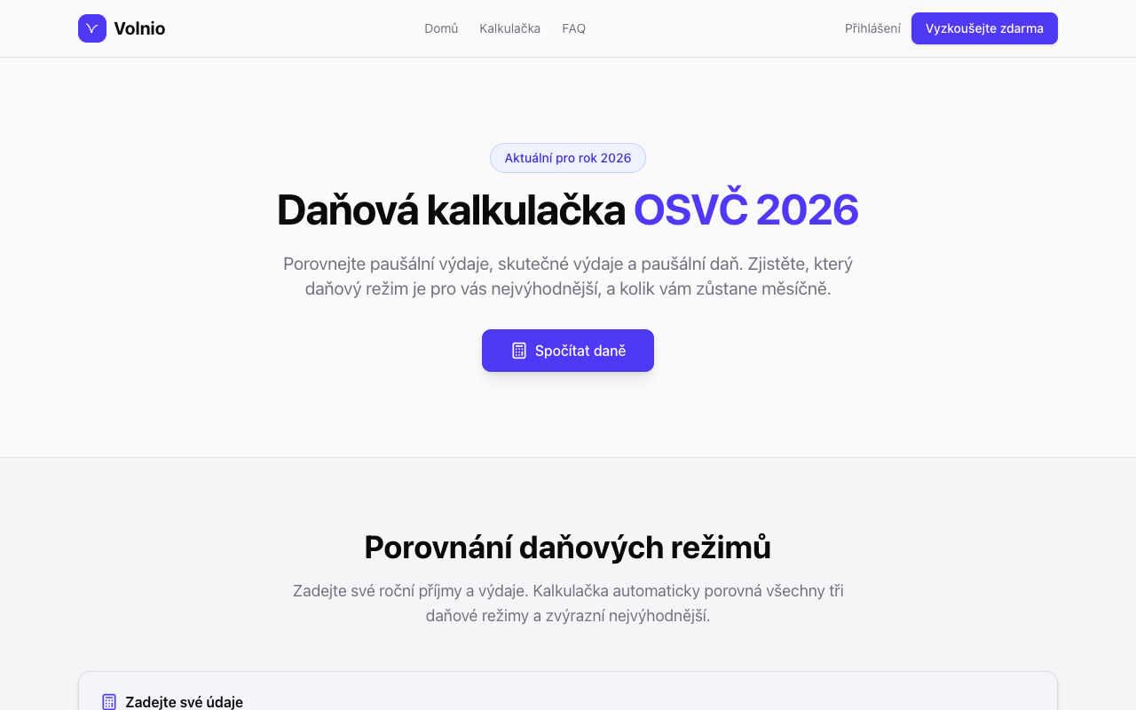 Daňová kalkulačka Volnio — porovnání paušálních výdajů, skutečných výdajů a paušální daně